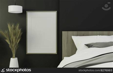 Mock up of poster frame in wooden floor modern interior behind of bed in bed room isolated on dark background, 3D render, 3D illustration