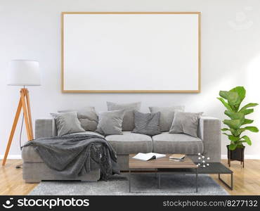 Mock up of poster frame in wooden floor modern interior behind of couch in living room with some trees isolated on light background, 3D render, 3D illustration