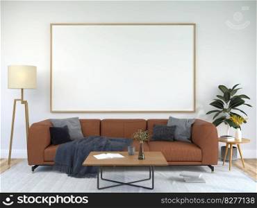 Mock up of poster frame in wooden floor modern interior behind of couch in living room with some trees isolated on light background, 3D render, 3D illustration