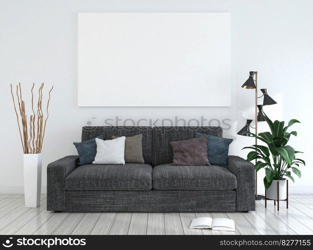 Mock up of poster frame in wooden floor modern interior behind of couch in living room with some trees isolated on light background, 3D render, 3D illustration