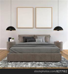 Mock up of poster frame in wooden floor modern interior behind of bed in bed room with some trees isolated on light background, 3D render, 3D illustration