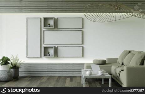 Mock up of poster frame in wooden floor modern interior behind of couch in living room isolated on light background, 3D render, 3D illustration