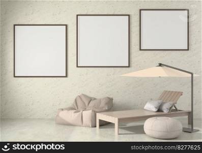Mock up of poster frame in wooden floor modern interior behind of couch in living room isolated on bright background, 3D render, 3D illustration