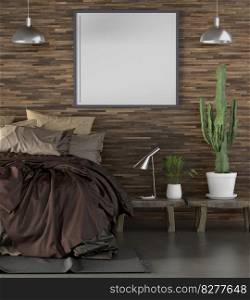 Mock up of poster frame in wooden floor modern interior behind of bed in bed room isolated on light background, 3D render, 3D illustration