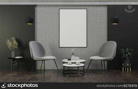 Mock up of poster frame in wooden floor modern interior beside of chair in living room isolated on dark background, 3D render, 3D illustration