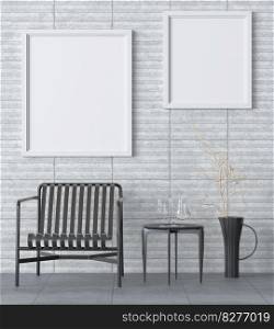 Mock up of poster frame in wooden floor modern interior beside of chair in living room isolated on light background, 3D render, 3D illustration