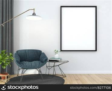 Mock up of poster frame in wooden floor modern interior beside of chair in living room with some trees isolated on light background, 3D render, 3D illustration