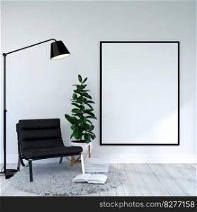Mock up of poster frame in wooden floor modern interior beside of chair in living room with some trees isolated on light background, 3D render, 3D illustration