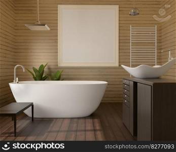 Mock up of poster frame in wooden floor modern interior in bath room with bathtub isolated on light background, 3D render, 3D illustration
