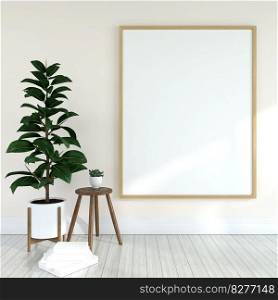 Mock up of poster frame in wooden floor modern interior  in living room with some trees isolated on light background, 3D render, 3D illustration