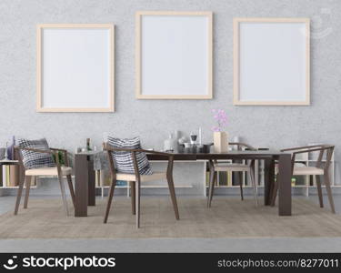 Mock up of poster frame in wooden floor modern interior top of table in living room isolated on light background, 3D render, 3D illustration