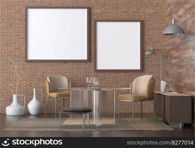 Mock up of poster frame in wooden floor modern interior top of table in living room isolated on light background, 3D render, 3D illustration