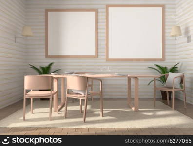 Mock up of poster frame in wooden floor modern interior top of table in living room isolated on light background, 3D render, 3D illustration