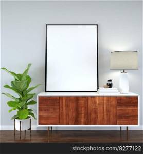 Mock up of poster frame in wooden floor modern interior top of table in living room with some trees isolated on light background, 3D render, 3D illustration