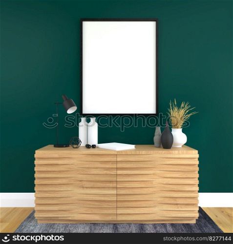 Mock up of poster frame in wooden floor modern interior top of table in living room with some trees isolated on light background, 3D render, 3D illustration