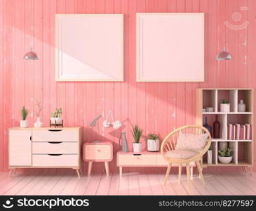 Mock up of poster frame in wooden floor modern interior top of table in living room isolated on light background, 3D render, 3D illustration