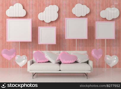 Mock up of poster frame in wooden floor valentine concept modern interior behind of couch in living room with love shape balloon isolated on light background, 3D render, 3D illustration