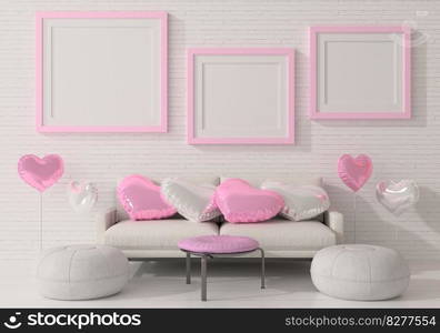 Mock up of poster frame in wooden floor valentine concept modern interior behind of couch in living room with love shape balloon isolated on light background, 3D render, 3D illustration