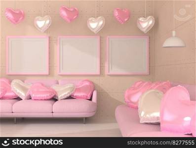 Mock up of poster frame in wooden floor valentine concept modern interior behind of couch in living room with love shape balloon isolated on light background, 3D render, 3D illustration  