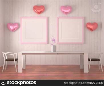 Mock up of poster frame in wooden floor valentine concept modern interior behind of chair in living room with love shape balloon isolated on light background, 3D render, 3D 