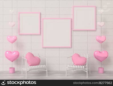 Mock up of poster frame in wooden floor valentine concept modern interior behind of chair in living room with love shape balloon isolated on light background, 3D render, 3D 