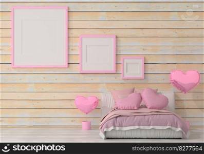 Mock up of poster frame in wooden floor valentine concept modern interior behind of bed in bed room with love shape balloon isolated on light background, 3D render, 3D illustration