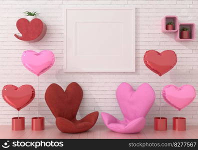 Mock up of poster frame in wooden floor valentine concept modern interior behind of chair in living room with love shape balloon isolated on light background, 3D render, 3D illustration