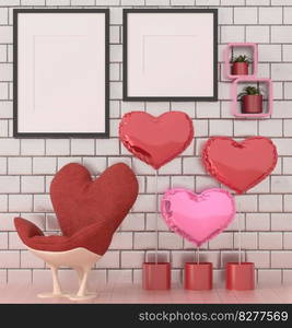 Mock up of poster frame in wooden floor valentine concept modern interior behind of chair in living room with love shape balloon isolated on light background, 3D render, 3D illustration