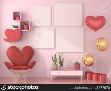 Mock up of poster frame in wooden floor valentine concept modern interior behind of chair in living room with love shape balloon isolated on light background, 3D render, 3D illustration