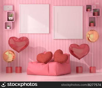 Mock up of poster frame in wooden floor valentine concept modern interior behind of couch in living room with love shape balloon isolated on light background, 3D render, 3D illustration