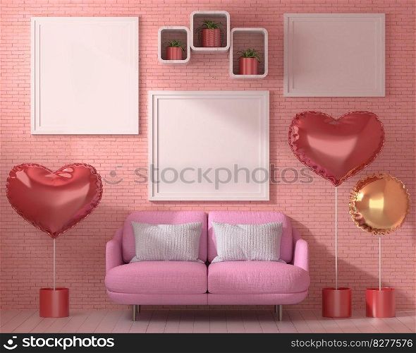 Mock up of poster frame in wooden floor valentine concept modern interior behind of couch in living room with love shape balloon isolated on light background, 3D render, 3D illustration