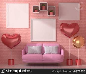 Mock up of poster frame in wooden floor valentine concept modern interior behind of couch in living room with love shape balloon isolated on light background, 3D render, 3D illustration