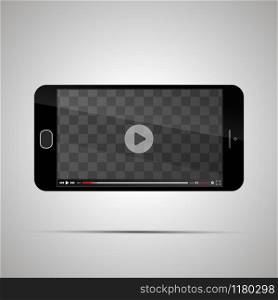 Mock up of realistic glossy smartphone with transparent place for horizontal video player on light background. Mock up of realistic glossy smartphone with transparent place for horizontal video player