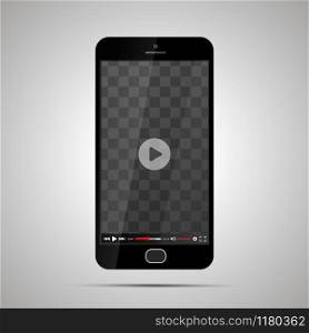 Mock up of realistic glossy smartphone with transparent place for video player on light background. Smartphone with transparent place for video player
