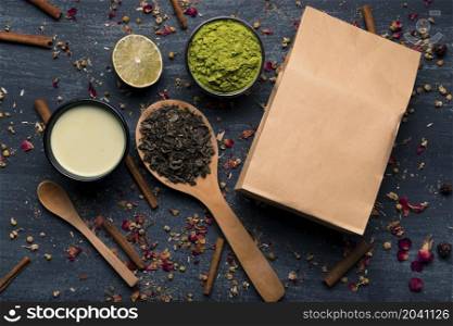 mock up paper bag asian tea matcha ingredients