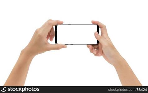 mock-up phone in hand holding isolated on white background clipping path inside