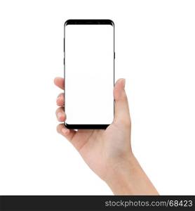mock up phone in holding hand isolated on white background clipping path inside