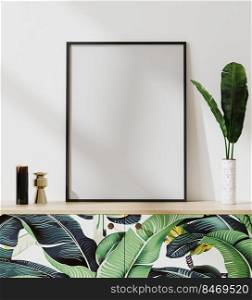 mock up picture frame in tropical mood modern interior with white wall, standing on chest of drawers with palm leaves print, 3d rendering