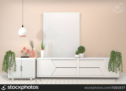 Mock up Pink room interior concept poster frames and modern cabinet in modern zen empty room, minimal designs, 3d rendering