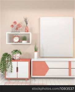 Mock up pink room interior concept poster frames and modern cabinet in modern zen empty room, minimal designs, 3d rendering