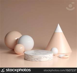 Mock Up Podium White Marble With Primitive Shape Nude Color Background 3d Render