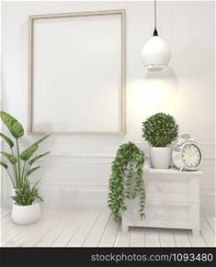 mock up poster and decoration plants on cabinet in white living room interior.3D rendering