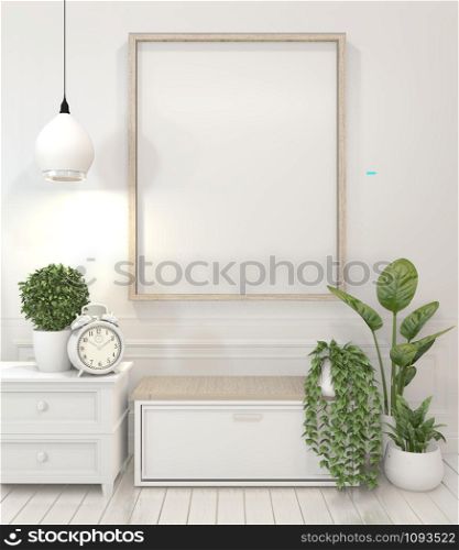 mock up poster and decoration plants on cabinet in white living room interior.3D rendering