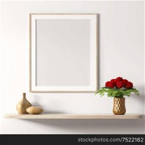 Mock up poster frame above wooden shelf with bouquet of red roses over white wall, interior decoration background 3d rendering