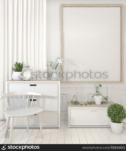 Mock up poster frame and cabinet and decoration plants on white room minimal design.3D rendering