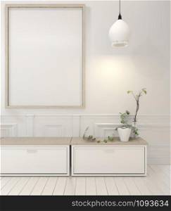 Mock up poster frame and cabinet and decoration plants on white room minimal design.3D rendering