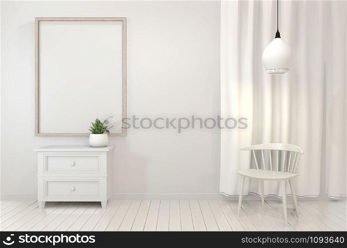 Mock up poster frame and cabinet and decoration plants on white room minimal design.3D rendering