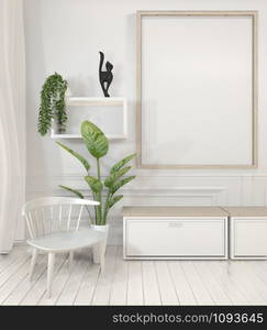 Mock up poster frame and cabinet and decoration plants on white room minimal design.3D rendering