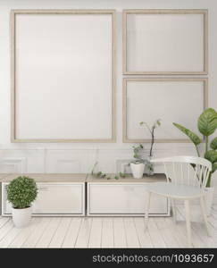 Mock up poster frame and cabinet and decoration plants on white room minimal design.3D rendering