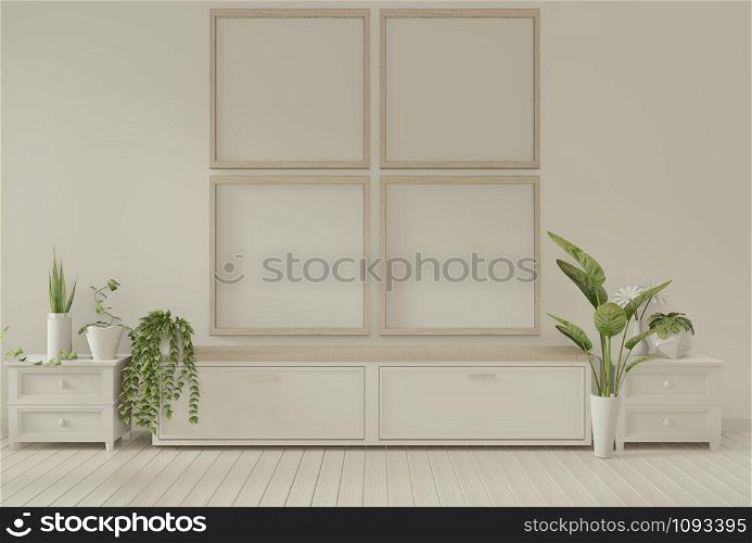 Mock up poster frame and cabinet and decoration plants room minimal design.3D rendering